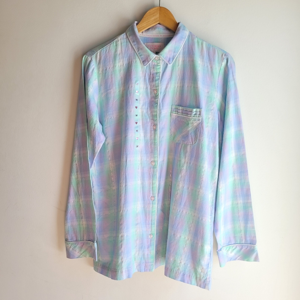 NWT VICTORIA'S SECRET Pastel Plaid Long-Sleeve Button-Up Shirt - Blue Mauve M